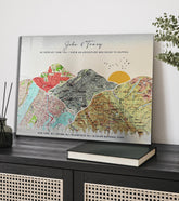10 year Anniversary Gift printed on metal for husband or wife, shows mountains with maps and sun