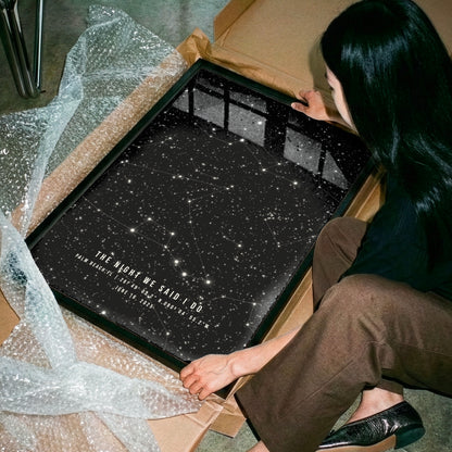Person opening a box containing a star map with constellations.