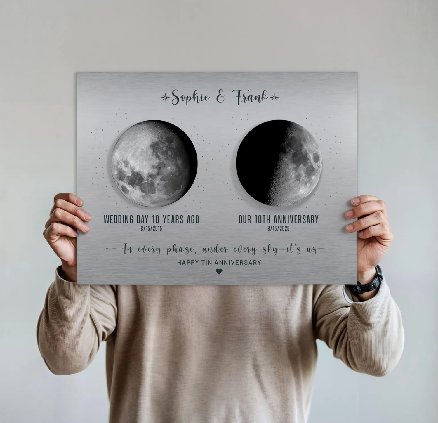 10th Anniversary Gift for Husband or Wife — Personalized Moon Phase Tin Metal Print
