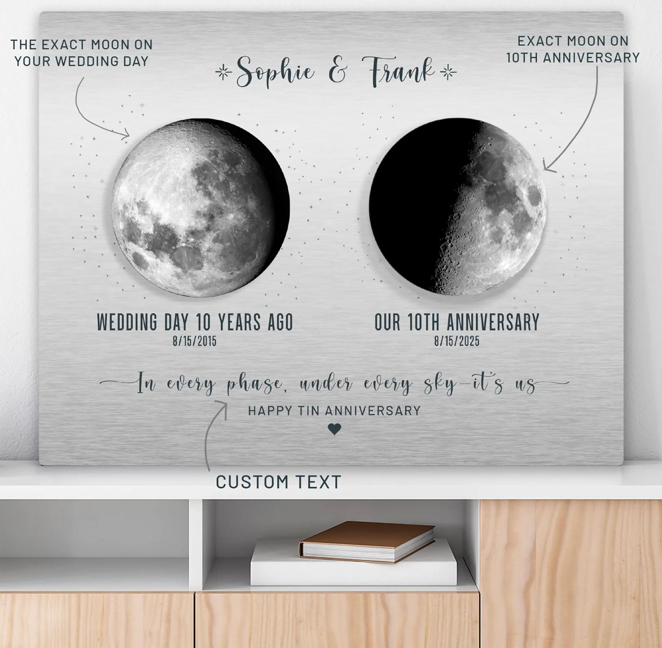 10th Anniversary Gift for Husband or Wife — Personalized Moon Phase Tin Metal Print