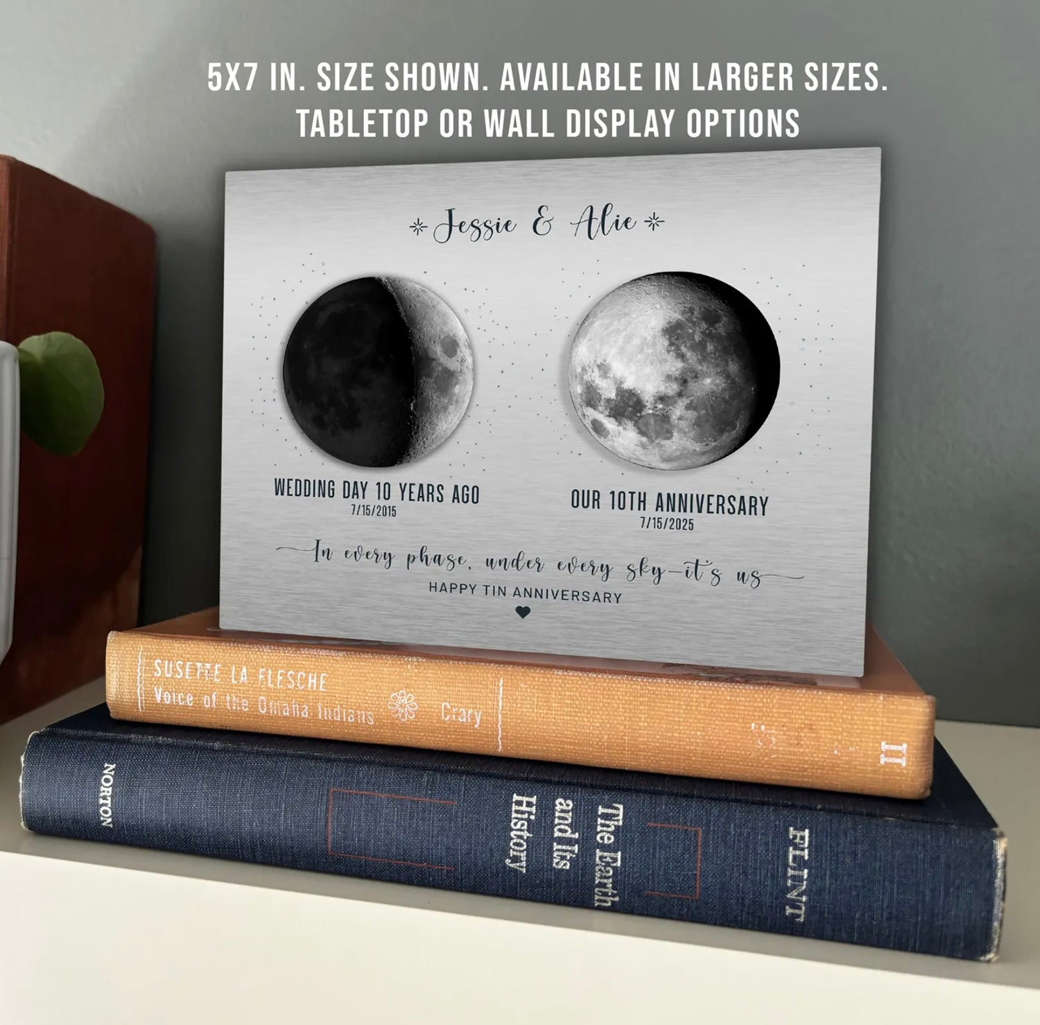 10th Anniversary Gift for Husband or Wife — Personalized Moon Phase Tin Metal Print