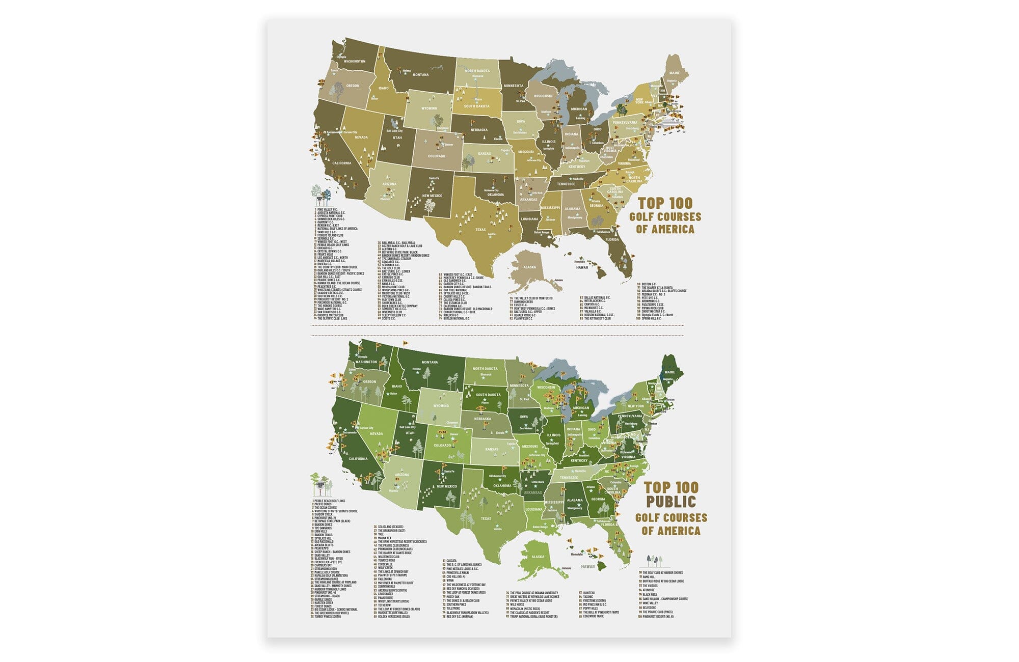 TOP 100 Golf Courses, Public and Private Golf Club CANVAS, Push Pin Map, Combined Maps, NEW! Map World Vibe Studio 18X24 Push Pin Canvas 