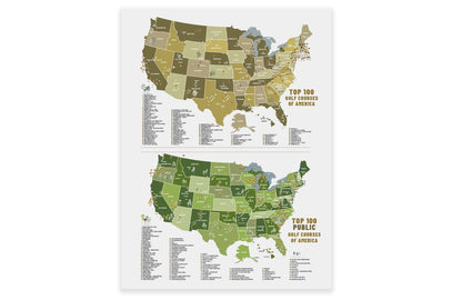TOP 100 Golf Courses, Public and Private Golf Club CANVAS, Push Pin Map, Combined Maps, NEW! Map World Vibe Studio 18X24 Push Pin Canvas 