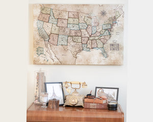 Push Pin Map of USA, Canvas Wall Art, Rustic Explorer Map World Vibe Studio 