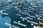 World Map Wall Art Canvas, Rustic Blue, With Push Pins Map World Vibe Studio 