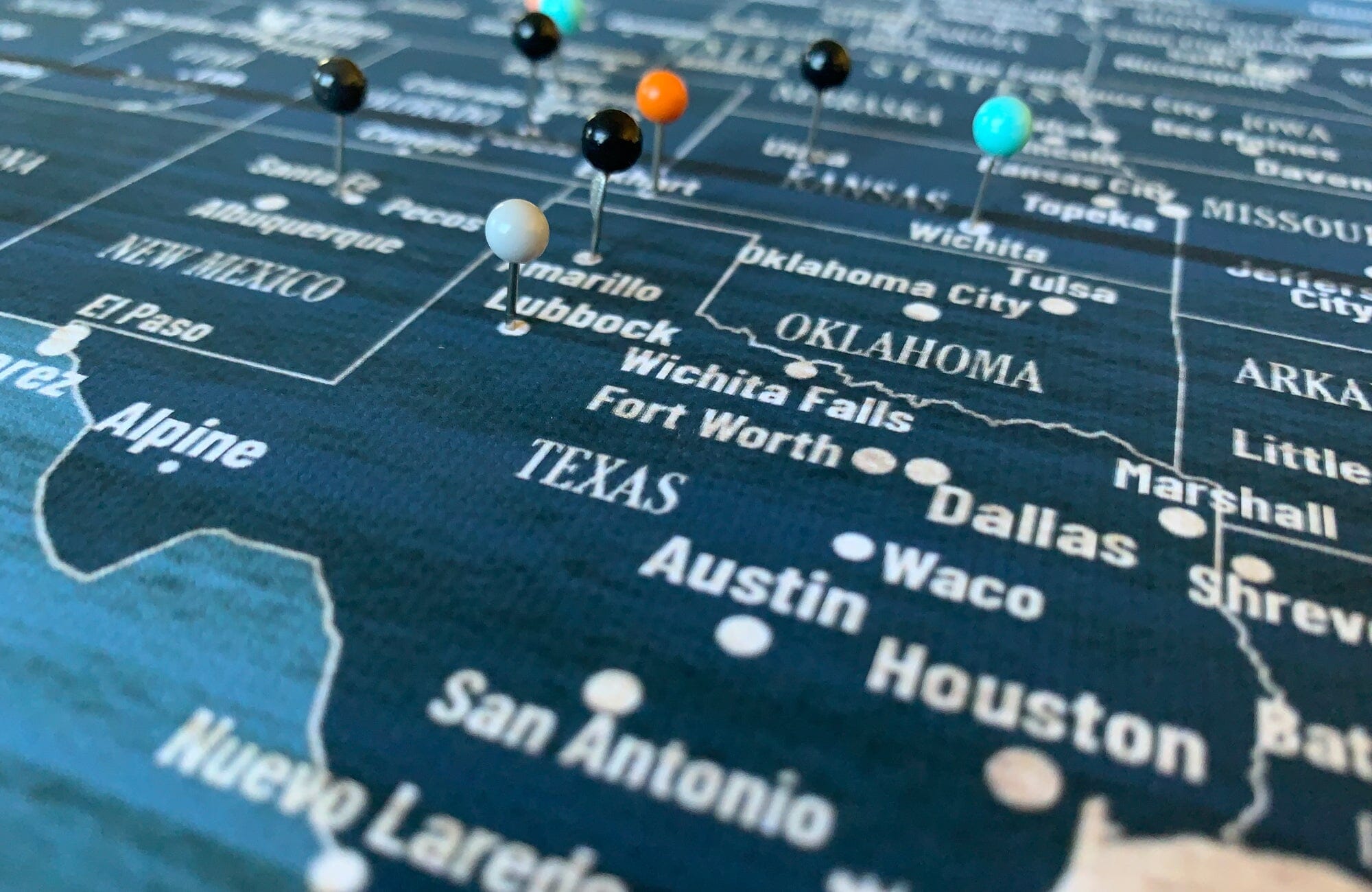 World Map Wall Art Canvas, Rustic Blue, With Push Pins Map World Vibe Studio 