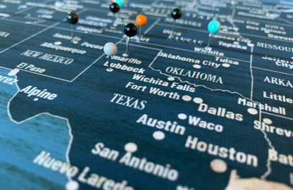 World Map Wall Art Canvas, Rustic Blue, With Push Pins Map World Vibe Studio 