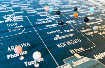 World Map Wall Art Canvas, Rustic Blue, With Push Pins Map World Vibe Studio 