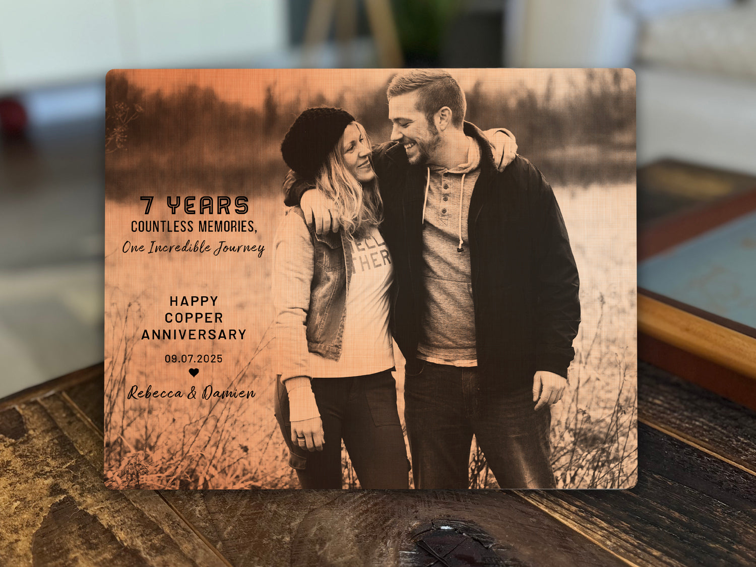 Copper Anniversary gift. Photo Printed on Metal and custom text for 7th wedding year