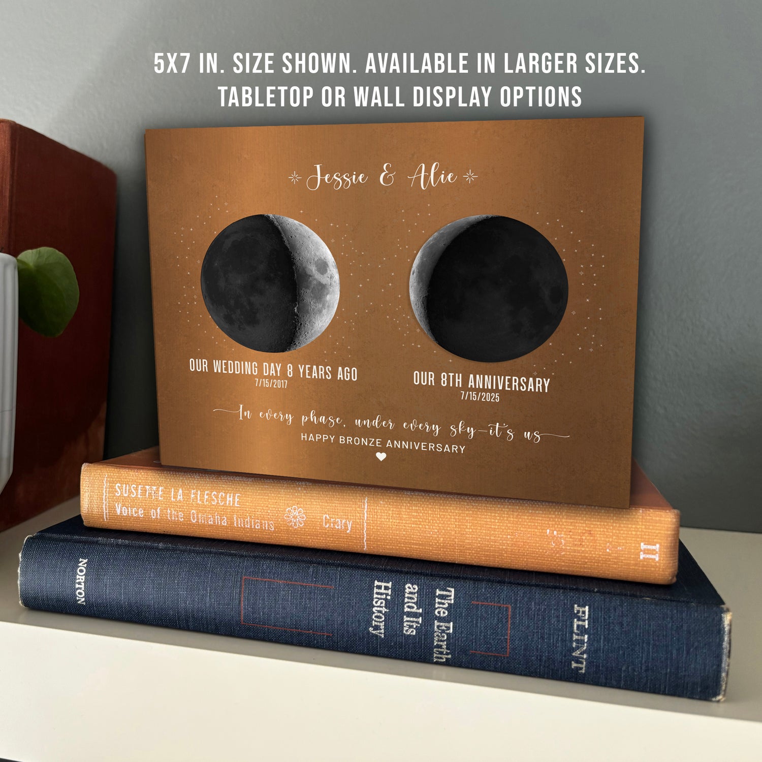 Personalized Bronze Anniversary Gift for Wife or Husband, 8th Wedding, Moon Phase Metal Print