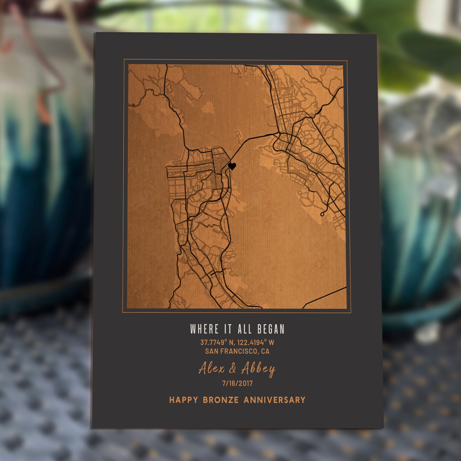 8th Anniversary Gift: Personalized Bronze City Map on Metal – Custom &