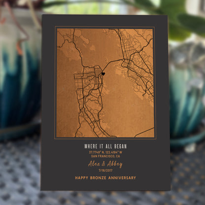 8th Anniversary Gift: Personalized Bronze City Map on Metal – Custom &
