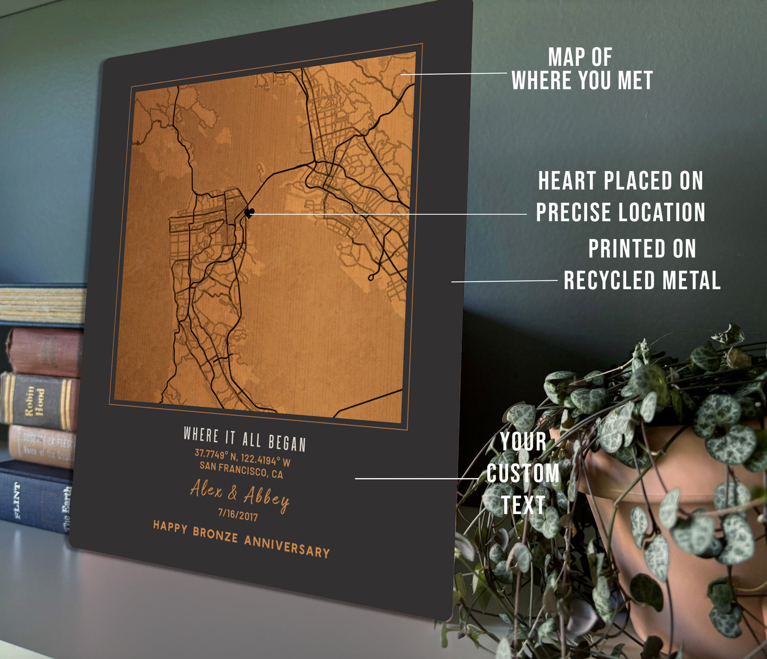 8th Anniversary Gift: Personalized Bronze City Map on Metal – Custom &