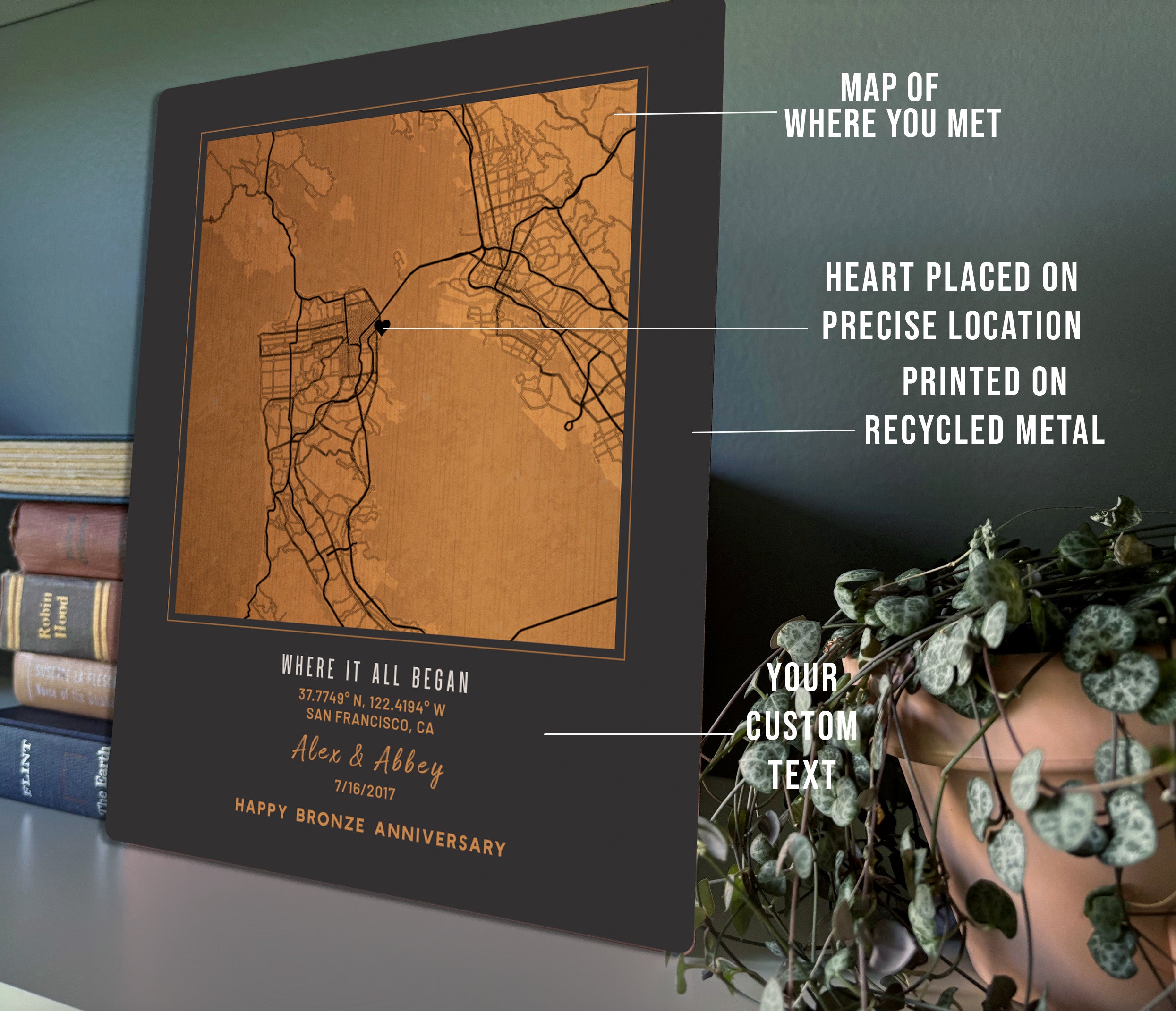 8th Anniversary Gift: Personalized Bronze City Map on Metal – Custom &