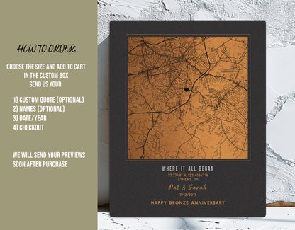 8th Anniversary Gift: Personalized Bronze City Map on Metal – Custom &