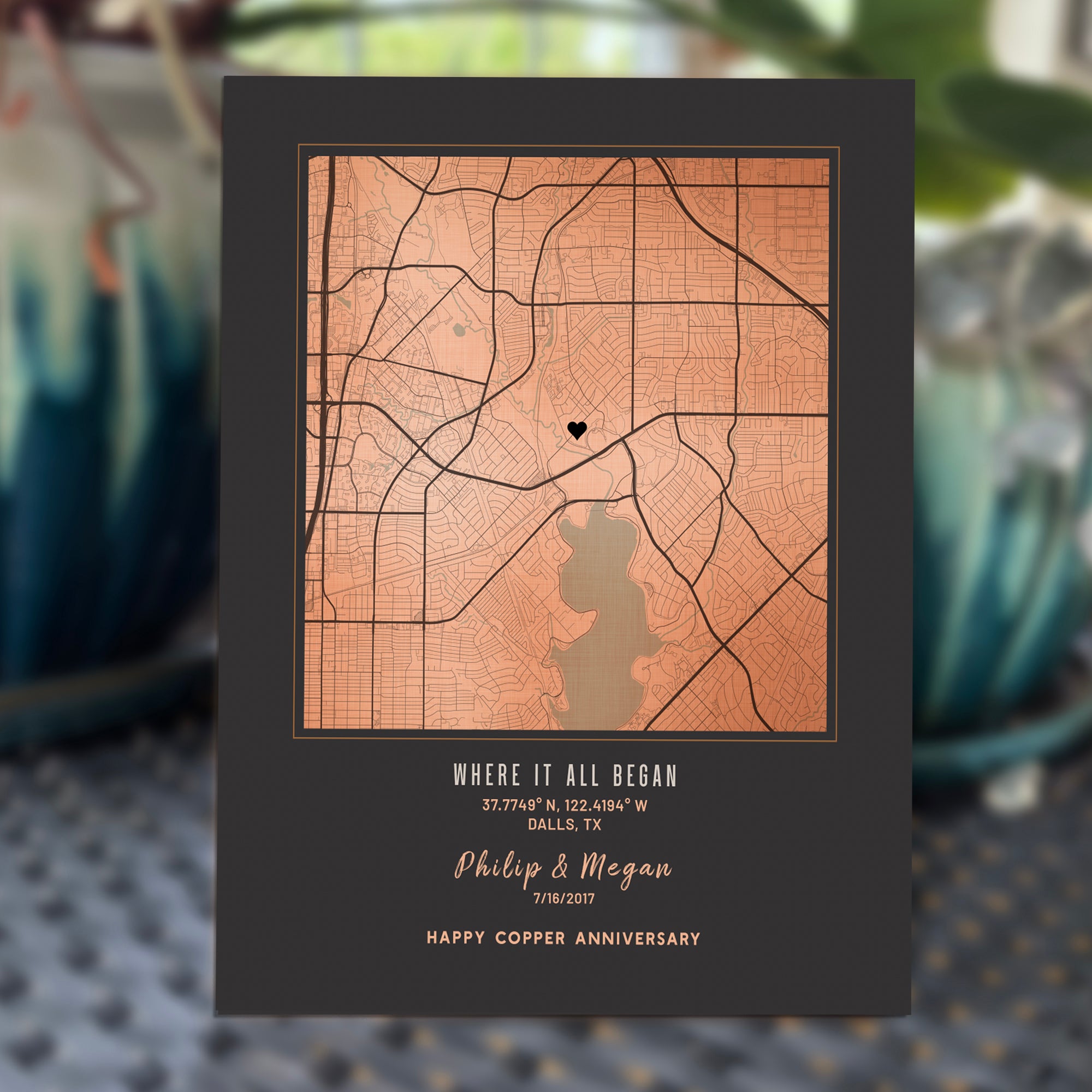 7th Anniversary Gift for Him or Her — Personalized Copper City Map on Metal, Custom "Where We Met" Map