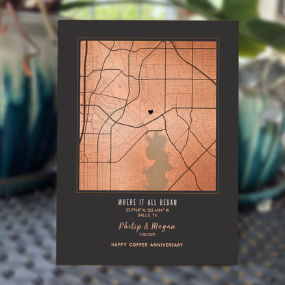 7th Anniversary Gift for Him or Her — Personalized Copper City Map on Metal, Custom "Where We Met" Map