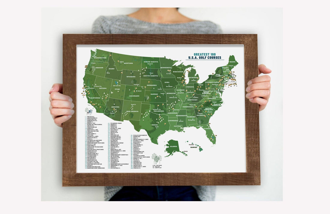 Golf Course Poster, Golf Gift, GREATEST 100 USA Courses, Push Pin Option, FRAMED Map OrderDesk 