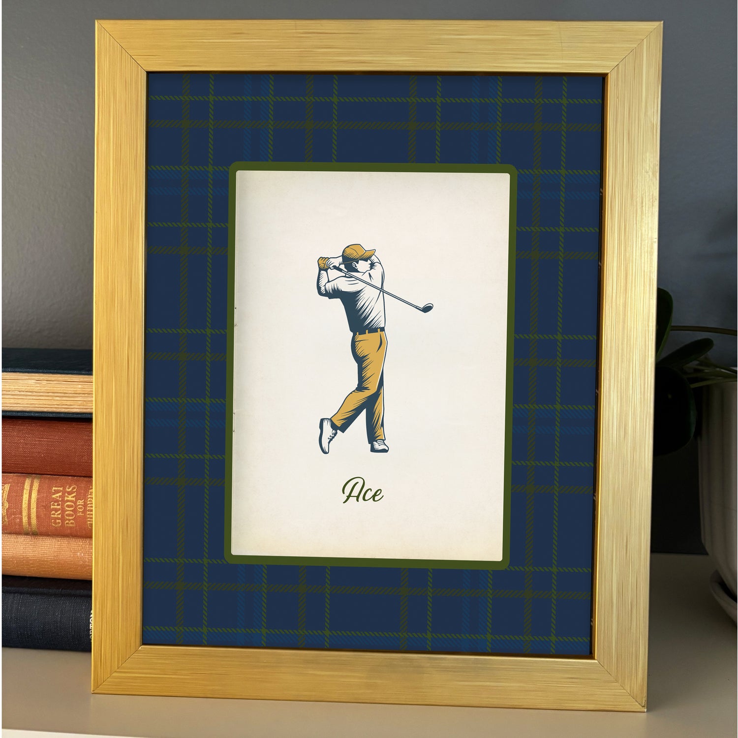 Golf Wall Art Set of 3, Birdie Ace Eagle Prints with Tartan Border