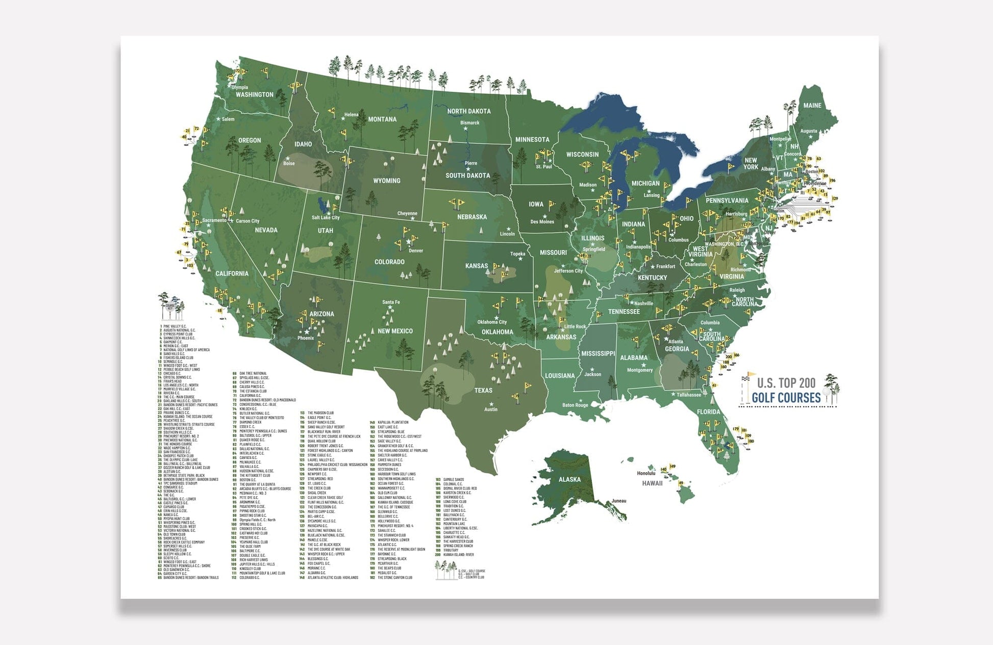 Golf Map of USA, Map POSTER, 200 COURSES Map OrderDesk 18X24 PAPER ONLY Green 
