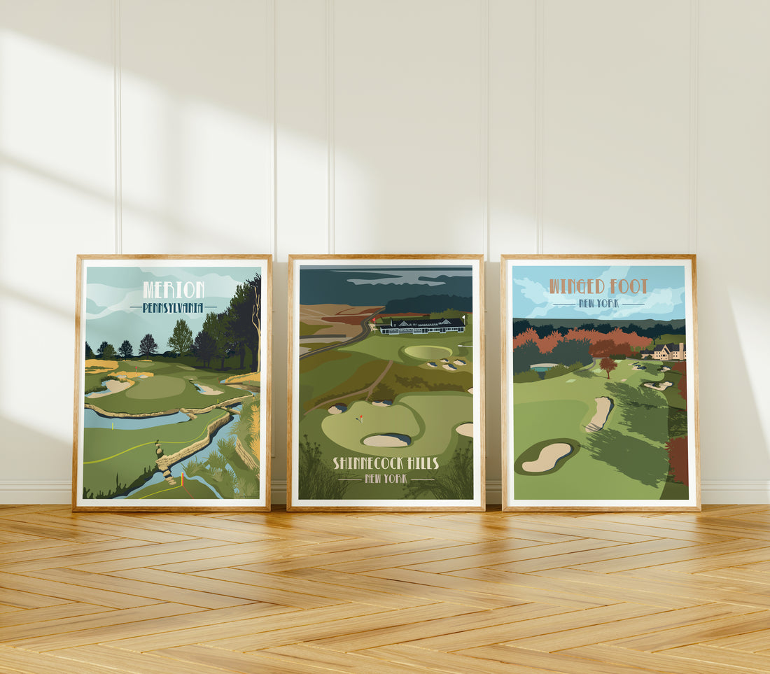 Retro Style Golf Posters, set of Golf clubs posters, Wall Art for Golfer, Merion, Shinnecock and Winged Foot