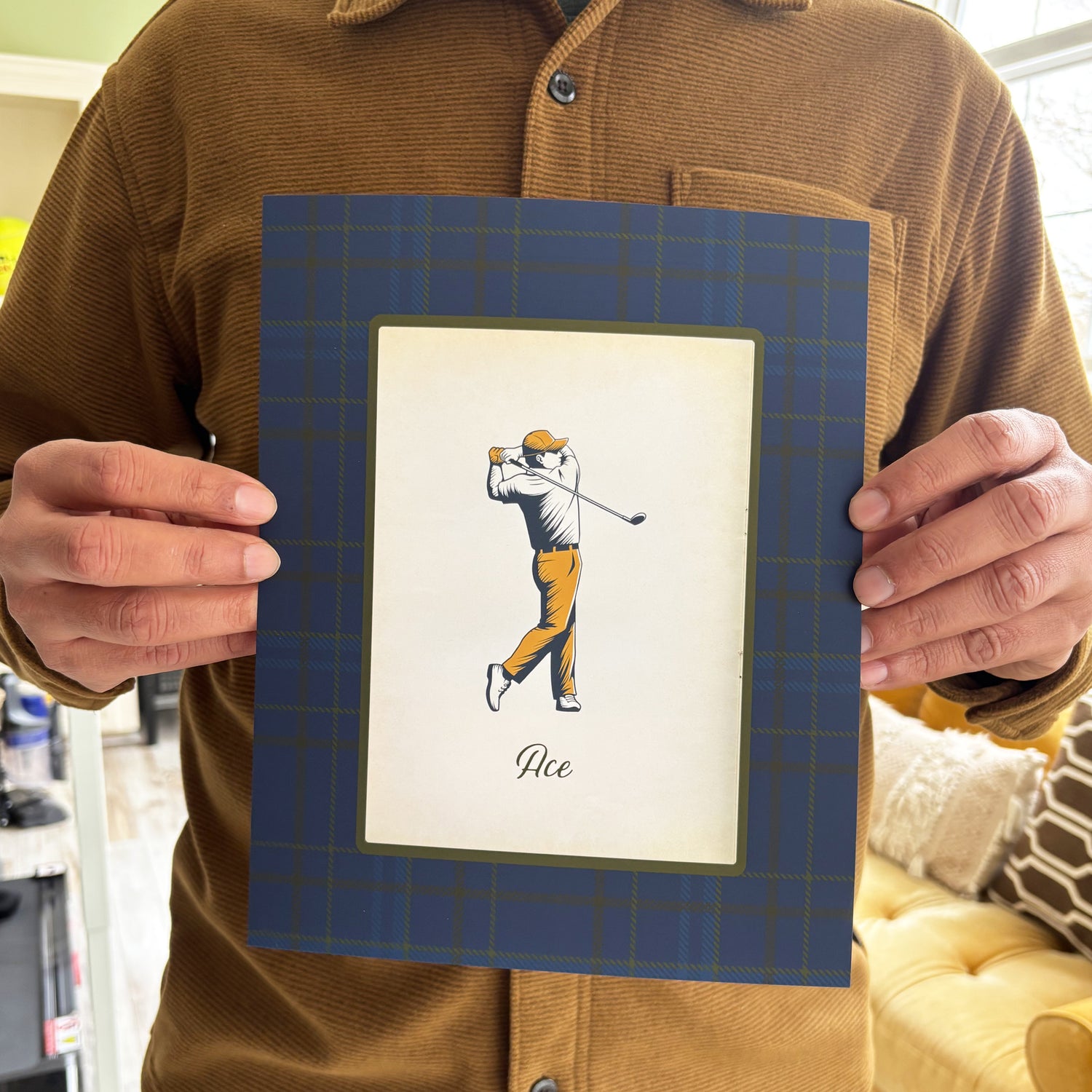 Golf Wall Art Set of 3, Birdie Ace Eagle Prints with Tartan Border