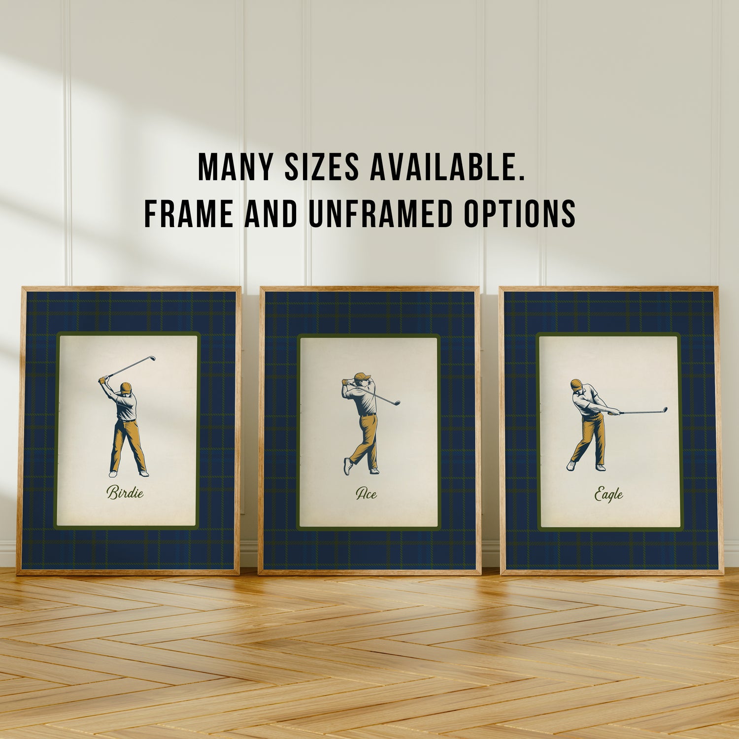 Three framed prints of a golfer in different poses on a wooden floor with text about frame options.