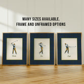 Three framed prints of a golfer in different poses on a wooden floor with text about frame options.