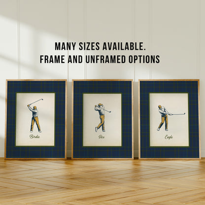 Three framed prints of a golfer in different poses on a wooden floor with text about frame options.