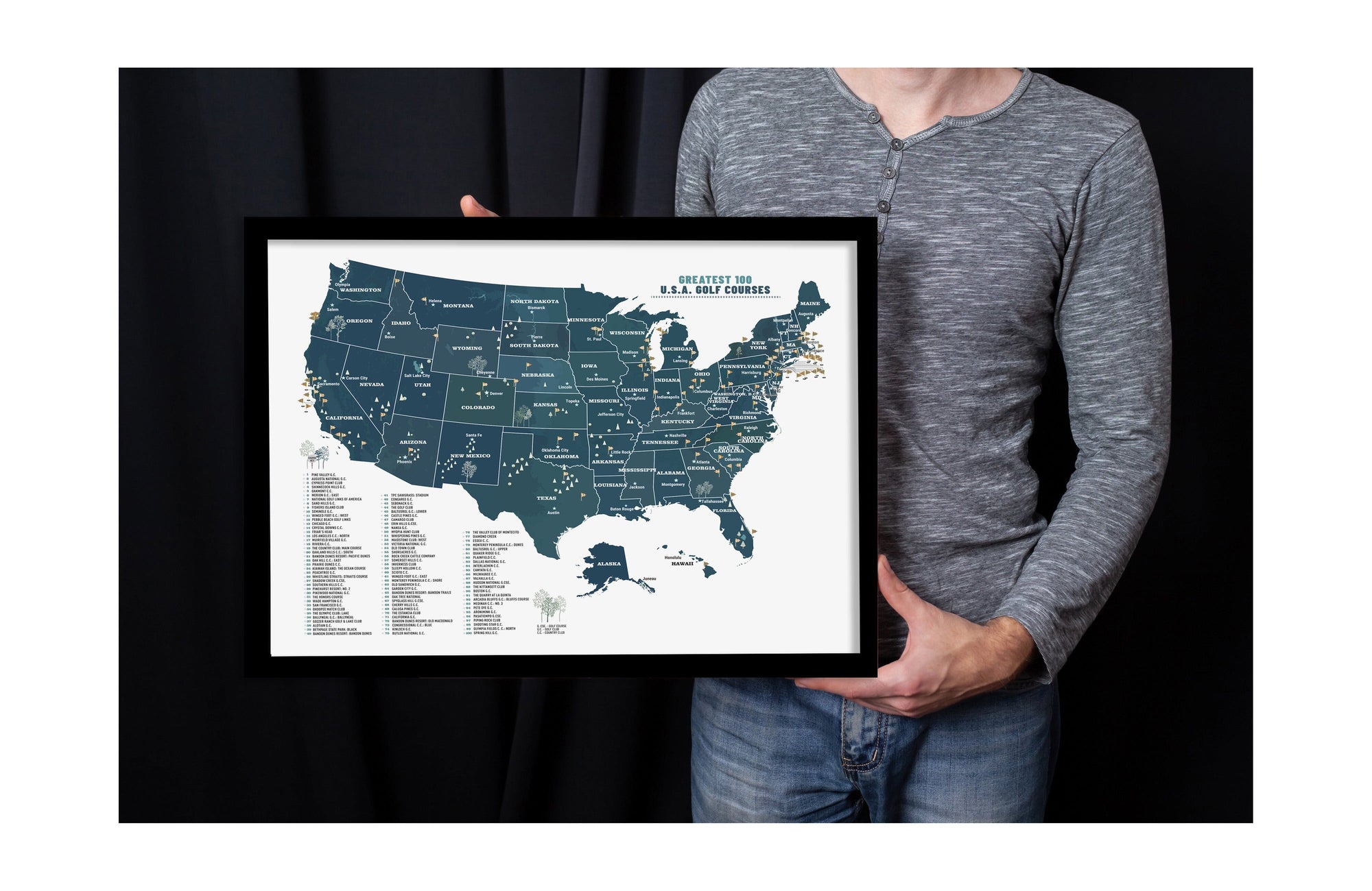 Golf Course Poster, Golf Gift, GREATEST 100 USA Courses, Push Pin Option, FRAMED Map OrderDesk 