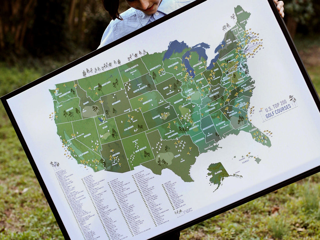 Golf Gifts for Men, Top 200 COURSE Map of USA, BLACK FRAMED CANVAS, Push Pin Board Map OrderDesk 