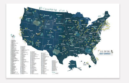 Golf Courses of USA, Push Pin Board, CANVAS, Top 200 Courses, NAVY Map World Vibe Studio 