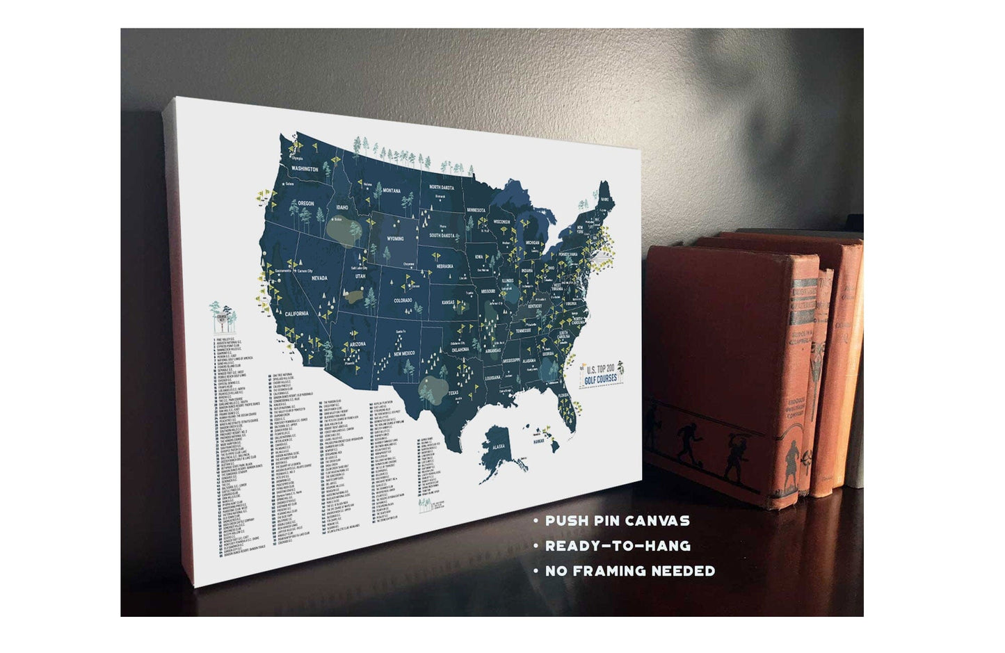 Golf Courses of USA, Push Pin Board, CANVAS, Top 200 Courses, NAVY Map World Vibe Studio 