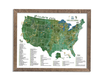 100 PUBLIC Golf Course, Poster, Push Pin Option, PUBLIC, FRAMED Map OrderDesk 12X16 Green 