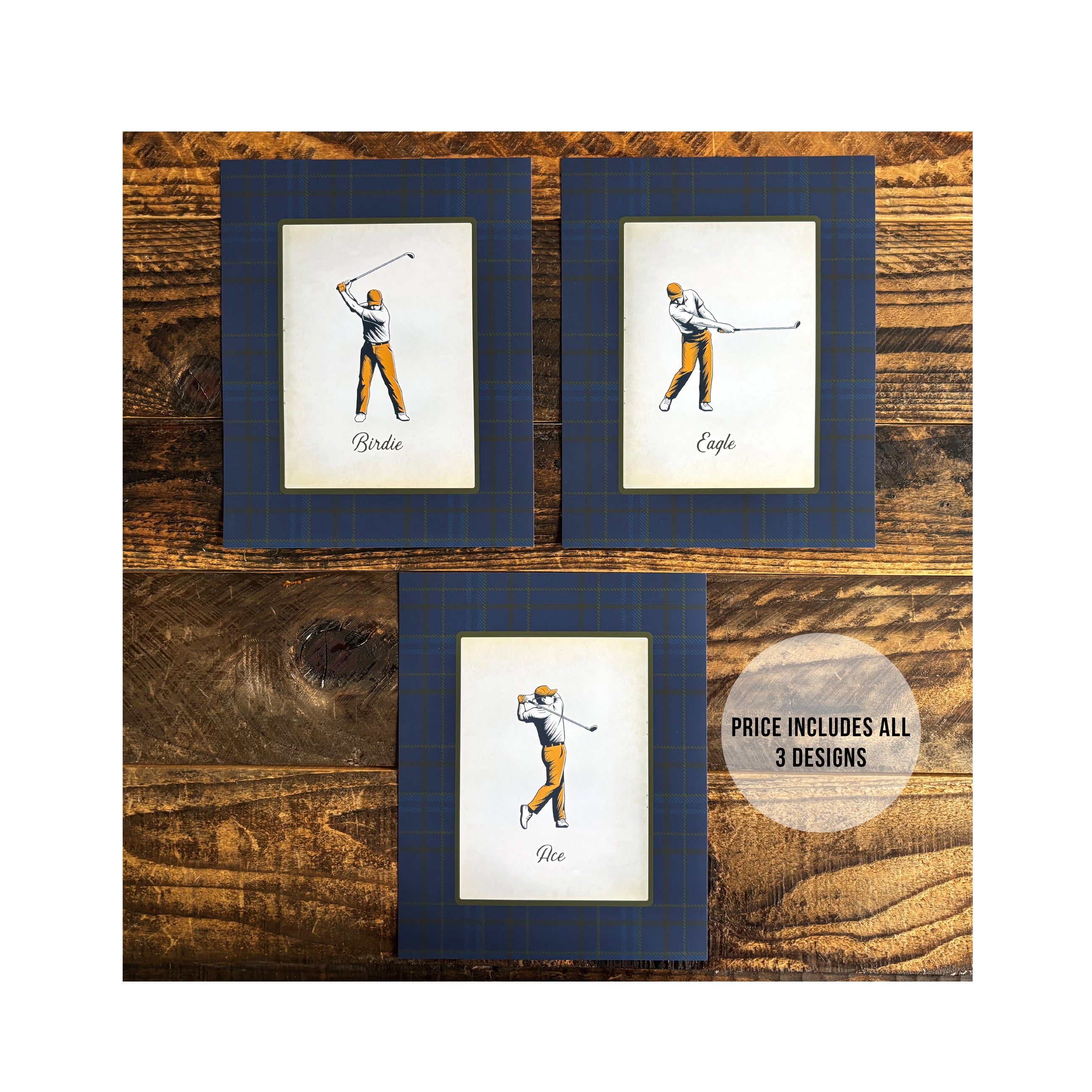 Set of 3 framed vintage golf art prints featuring Birdie, Ace, and Eagle illustrations with a Scottish tartan plaid border. A handsome home office decor idea and a unique golf gift for men, husbands, or dads.