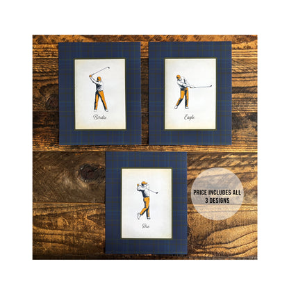 Set of 3 framed vintage golf art prints featuring Birdie, Ace, and Eagle illustrations with a Scottish tartan plaid border. A handsome home office decor idea and a unique golf gift for men, husbands, or dads.