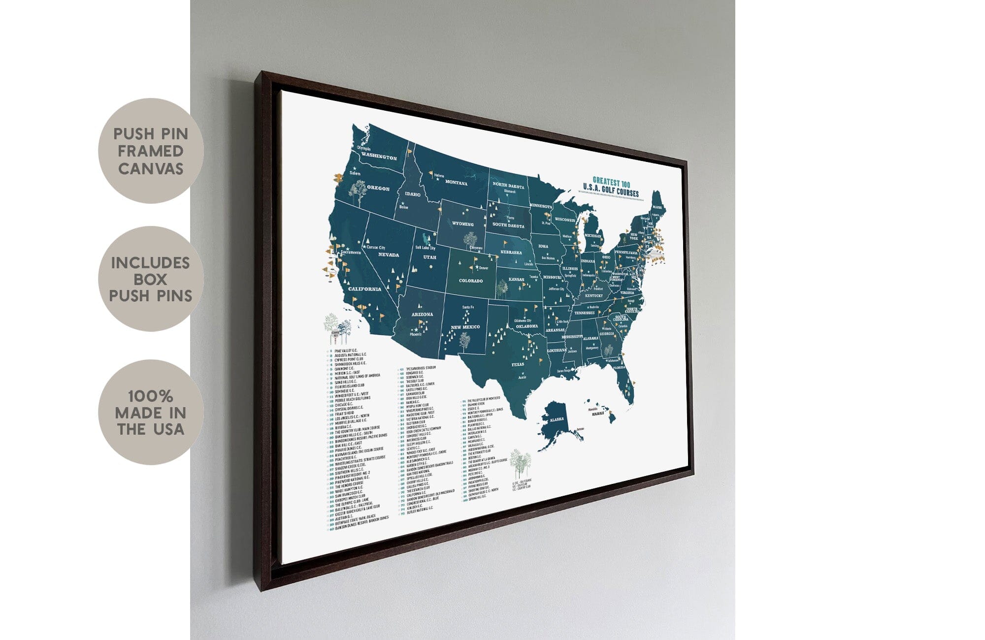 Greatest 100 Golf Courses in the USA, BLACK FRAMED CANVAS, Push Pin Board Map World Vibe Studio 18X24 Navy 