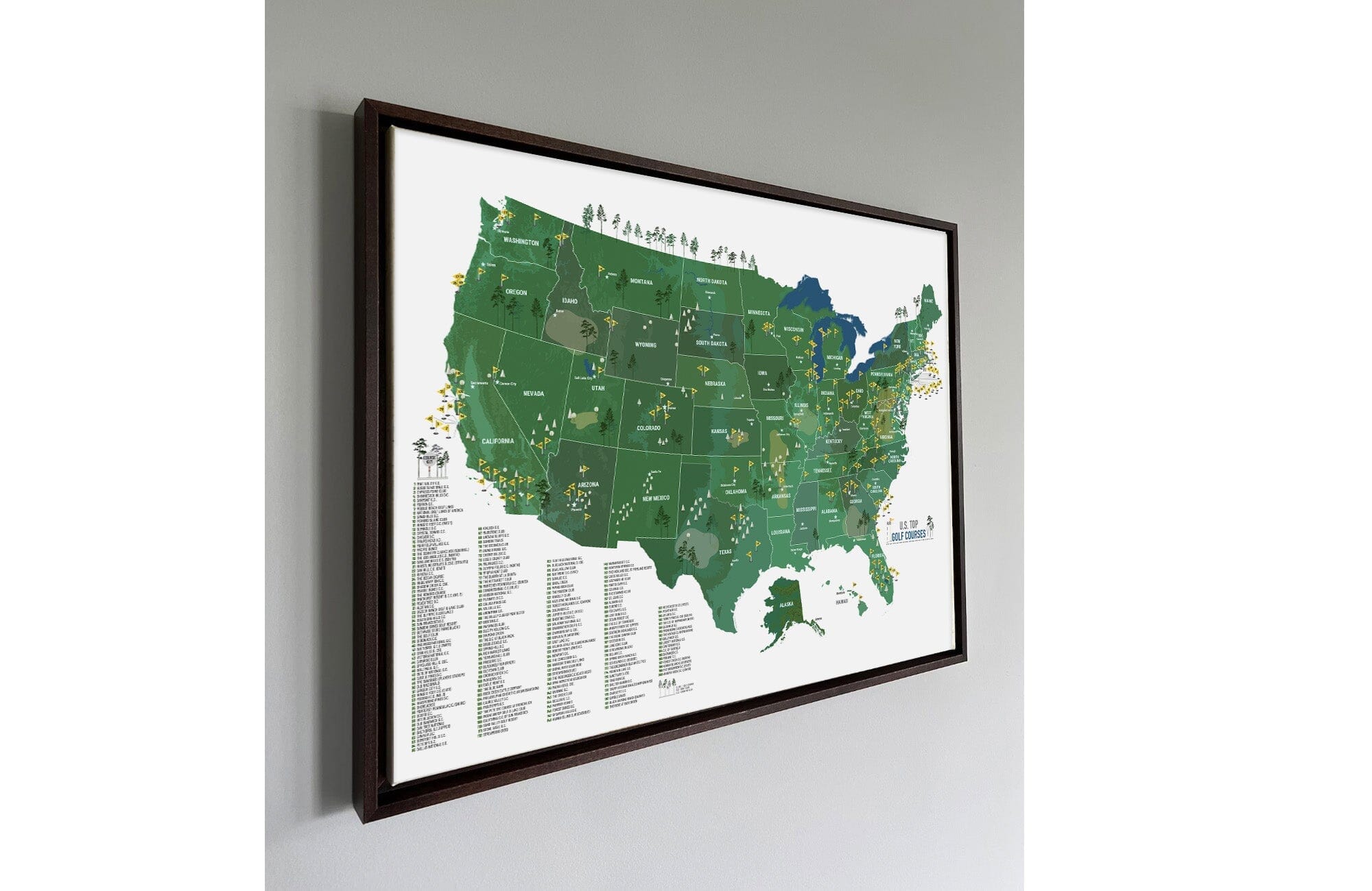 Golf Map of USA, BLACK FRAMED CANVAS, Push Pin Board, Top 200 COURSES Map OrderDesk 18X24 Green 