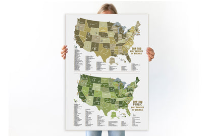 TOP 100 Golf Courses, Public and Private Golf Club CANVAS, Push Pin Map, Combined Maps, NEW! Map World Vibe Studio 
