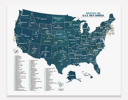 Golf Course Poster, Golf Gift, GREATEST 100 USA Courses, Push Pin Option, FRAMED Map OrderDesk 
