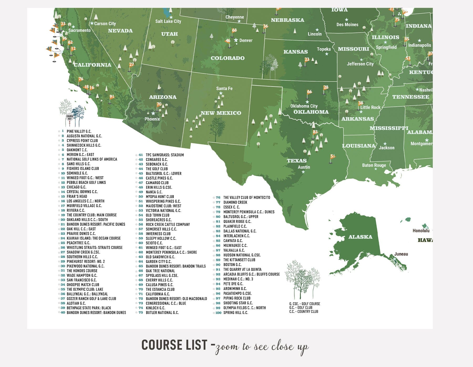 Greatest 100 Golf Courses in the USA, BLACK FRAMED CANVAS, Push Pin Board Map World Vibe Studio 