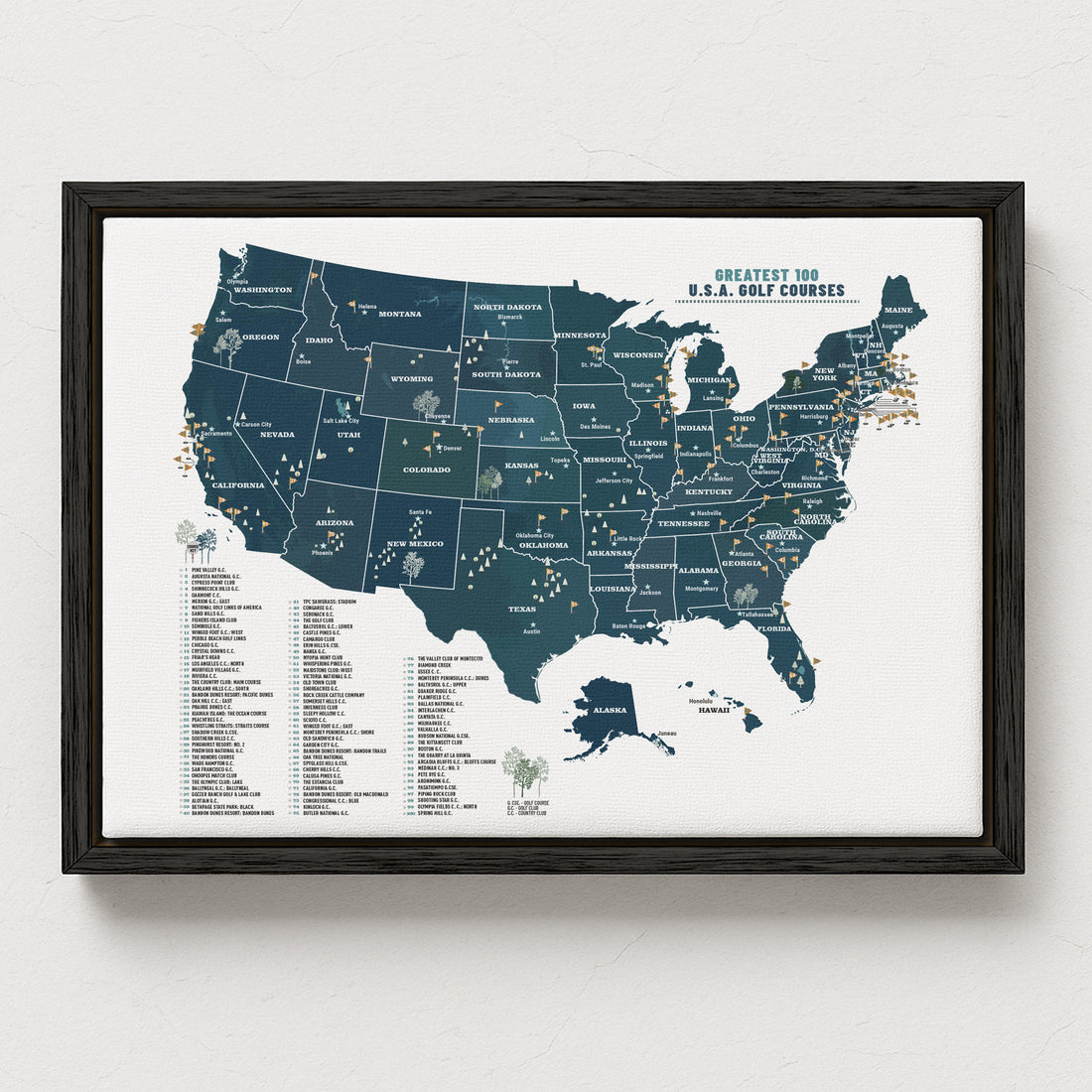 Greatest 100 Golf Courses in the USA, BLACK FRAMED CANVAS, Push Pin Board Map World Vibe Studio 18X24 Navy 