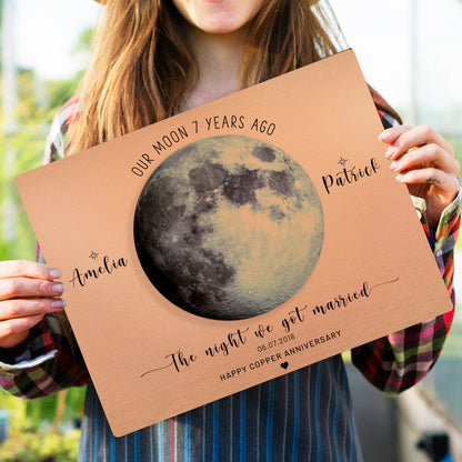 7 year copper anniversary gift for husband featuring a custom moon phase on a warm copper metal print.