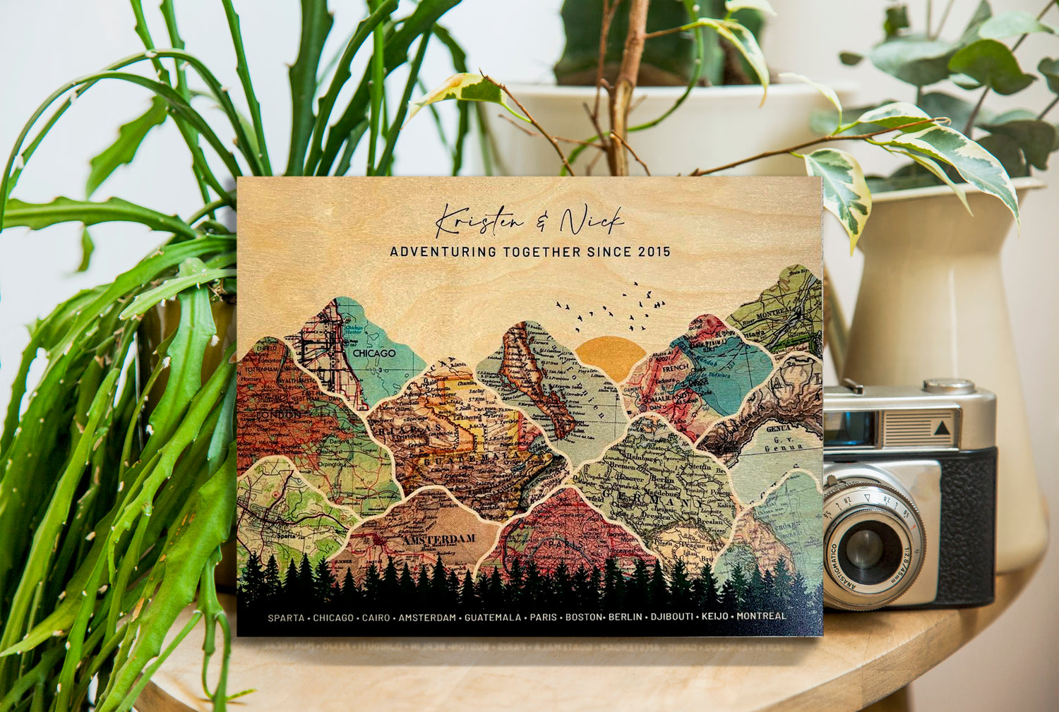 Personalized 5th wood anniversary gift with vintage mountain map print for couples