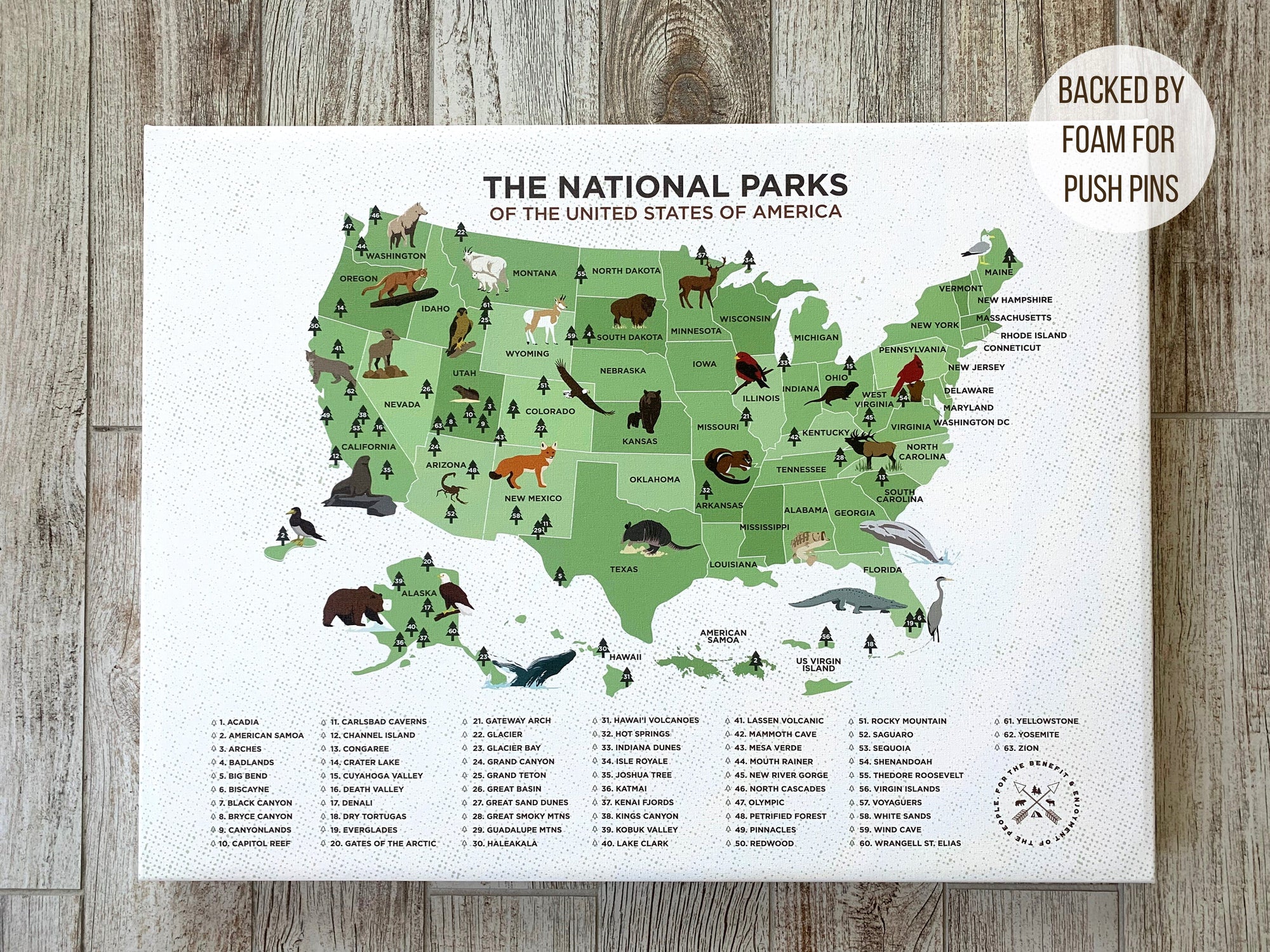 National Park Map for Nursery, Wild Animals Poster of USA, f 63 National Parks, Push Pin CANVAS Map World Vibe Studio 