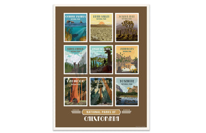 California National Park Poster, All-In-One, National Park Wall Art, Unframed Map World Vibe Studio 12X16 Brown 