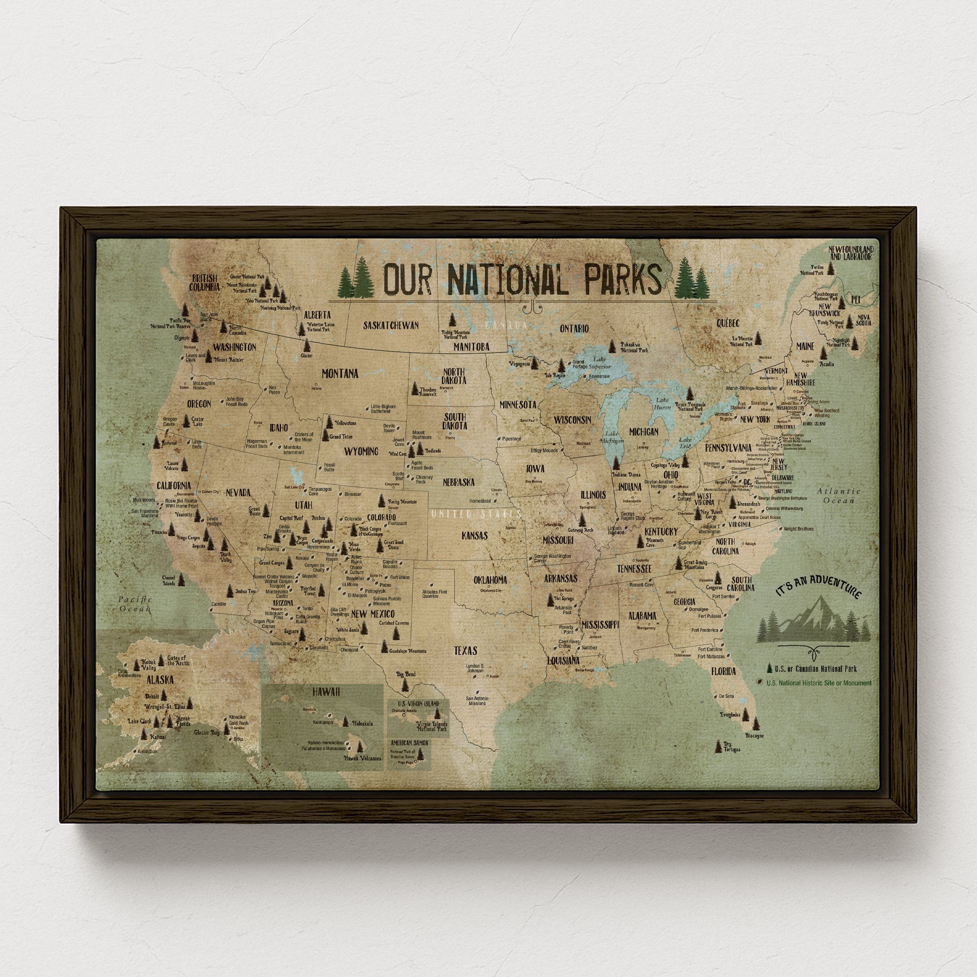 National Park Map, Rustic Map of 63 National Parks of USA, Rustic Framed Push Pin CANVAS Map World Vibe Studio 