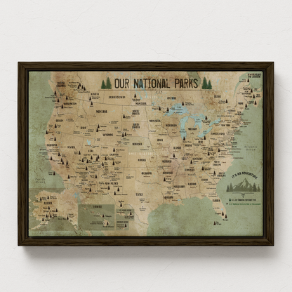 National Park Map, Rustic Map of 63 National Parks of USA, Rustic Framed Push Pin CANVAS Map World Vibe Studio 