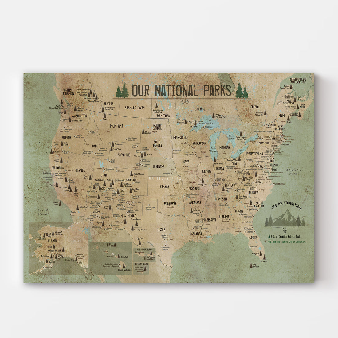 National Park Map, Rustic Map of 63 National Parks of USA, Rustic Framed Push Pin CANVAS Map World Vibe Studio 