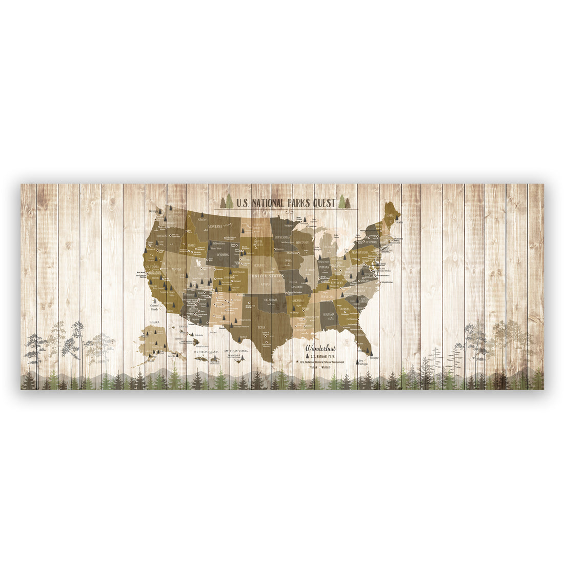 National Parks Memory Board, Canvas Map Push Pin Style, Tan Map World Vibe Studio 